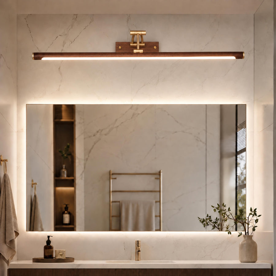 Walnut Linear Adjustable LED Wall Light Brass Arm 55cm & 70cm