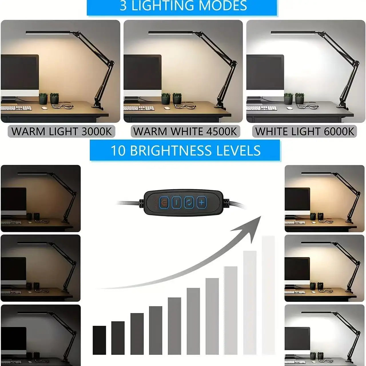 LED Clamp Desk Lamp Long Arm – Foldable 3 Colour Dimmable Light
