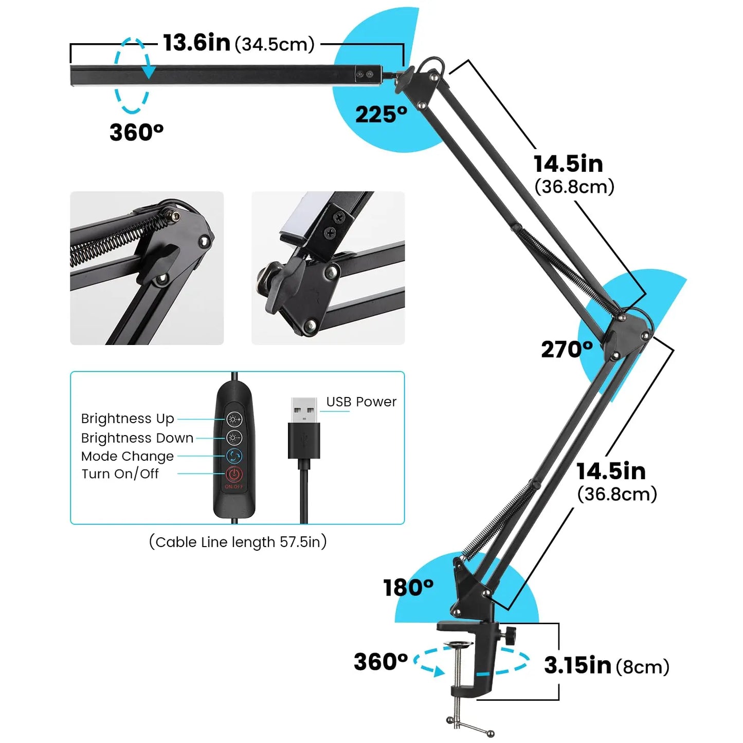 LED Clamp Desk Lamp Long Arm – Foldable 3 Colour Dimmable Light