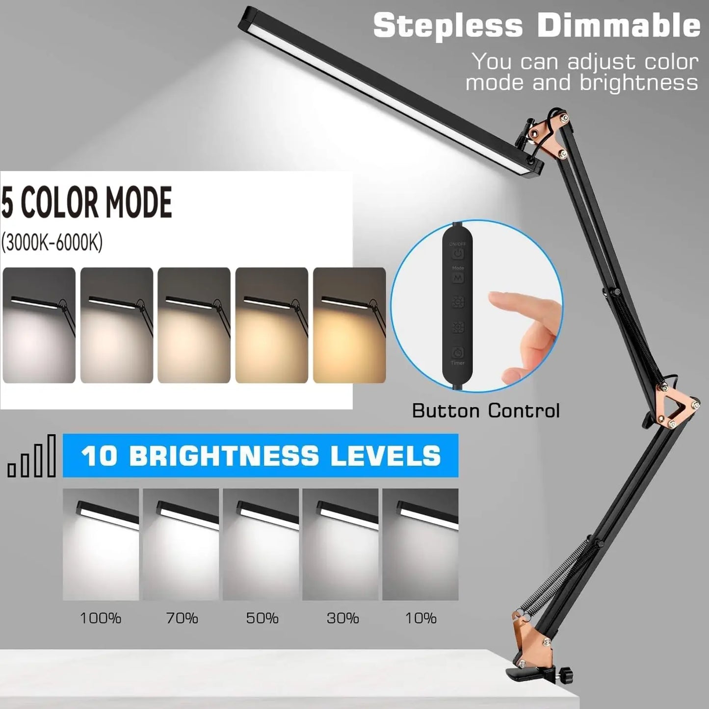 LED Clamp Desk Lamp Long Arm – Foldable 3 Colour Dimmable Light