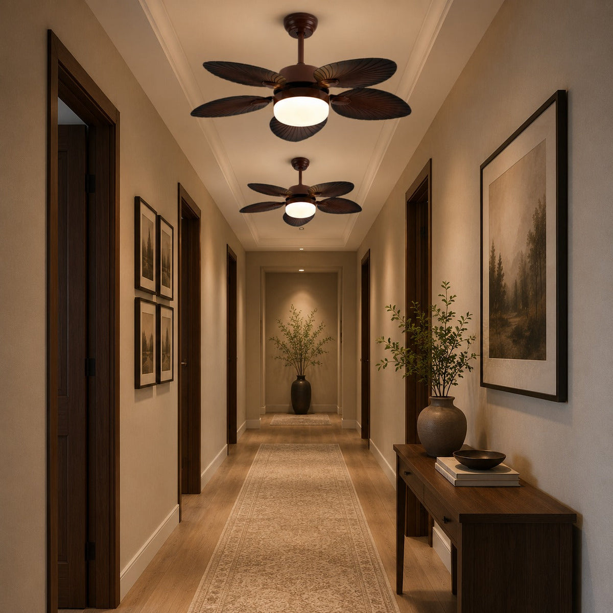 Banana Leaf Blade Ceiling Fan with Dimmable LED Light Copper Motor 107 or 132 cm