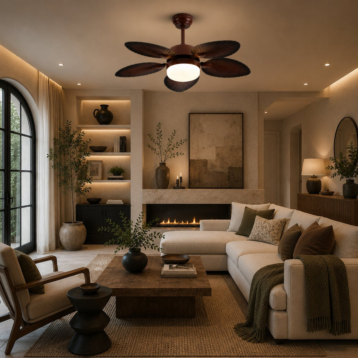 Banana Leaf Blade Ceiling Fan with Dimmable LED Light Copper Motor 107 or 132 cm