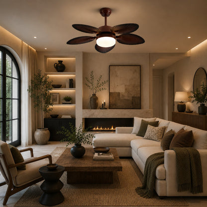 Banana Leaf Blade Ceiling Fan with Dimmable LED Light Copper Motor 107 or 132 cm