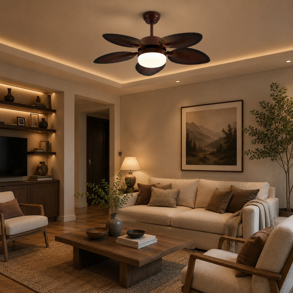 Banana Leaf Blade Ceiling Fan with Dimmable LED Light Copper Motor 107 or 132 cm