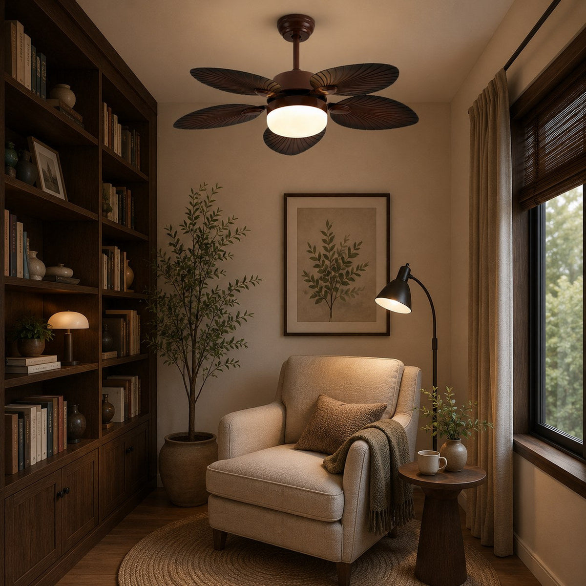 Banana Leaf Blade Ceiling Fan with Dimmable LED Light Copper Motor 107 or 132 cm