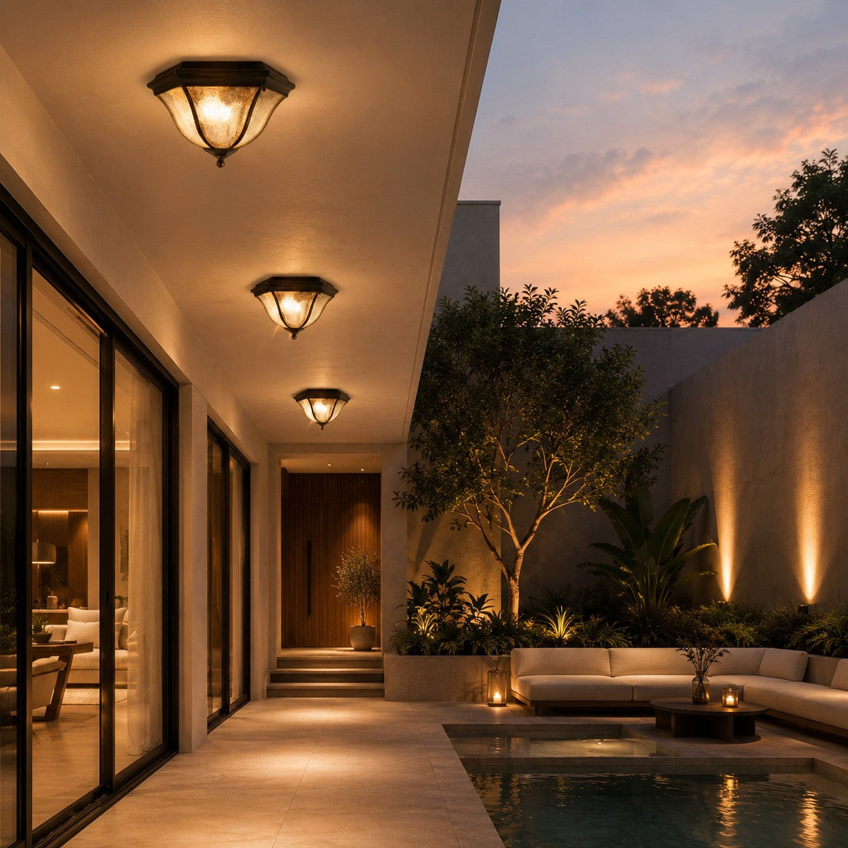 Black Outdoor LED Flush Mount Ceiling Light Aluminium Glass IP54 E27