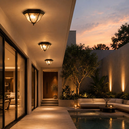Black Outdoor LED Flush Mount Ceiling Light Aluminium Glass IP54 E27