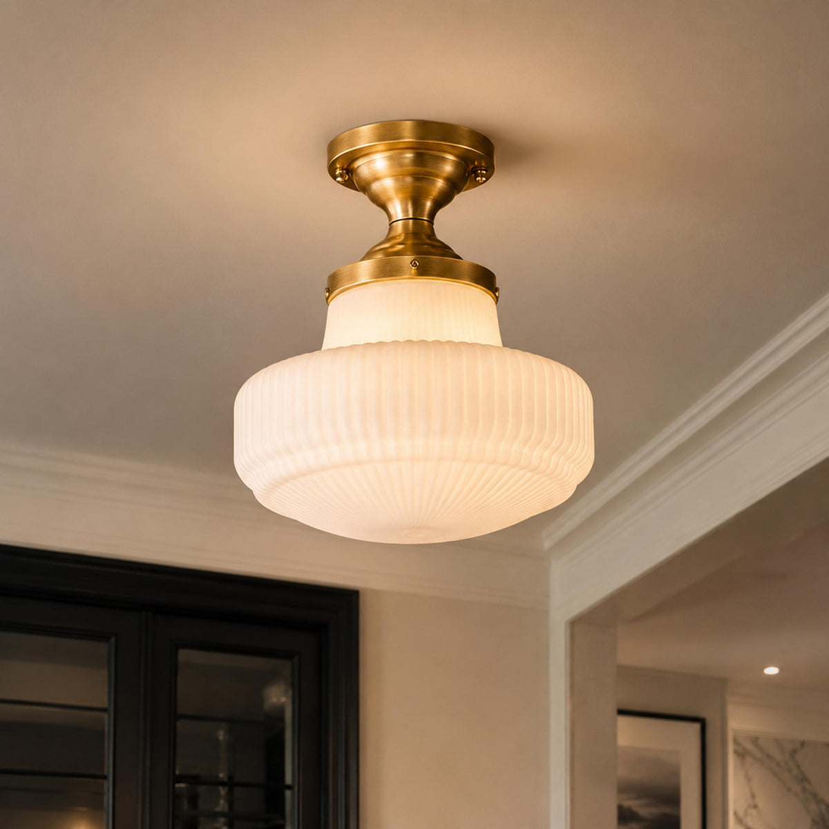 French Vintage Glass LED Flush Mount Ceiling Light Copper Warm White