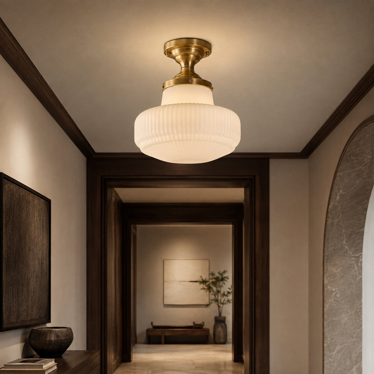 French Vintage Glass LED Flush Mount Ceiling Light Copper Warm White