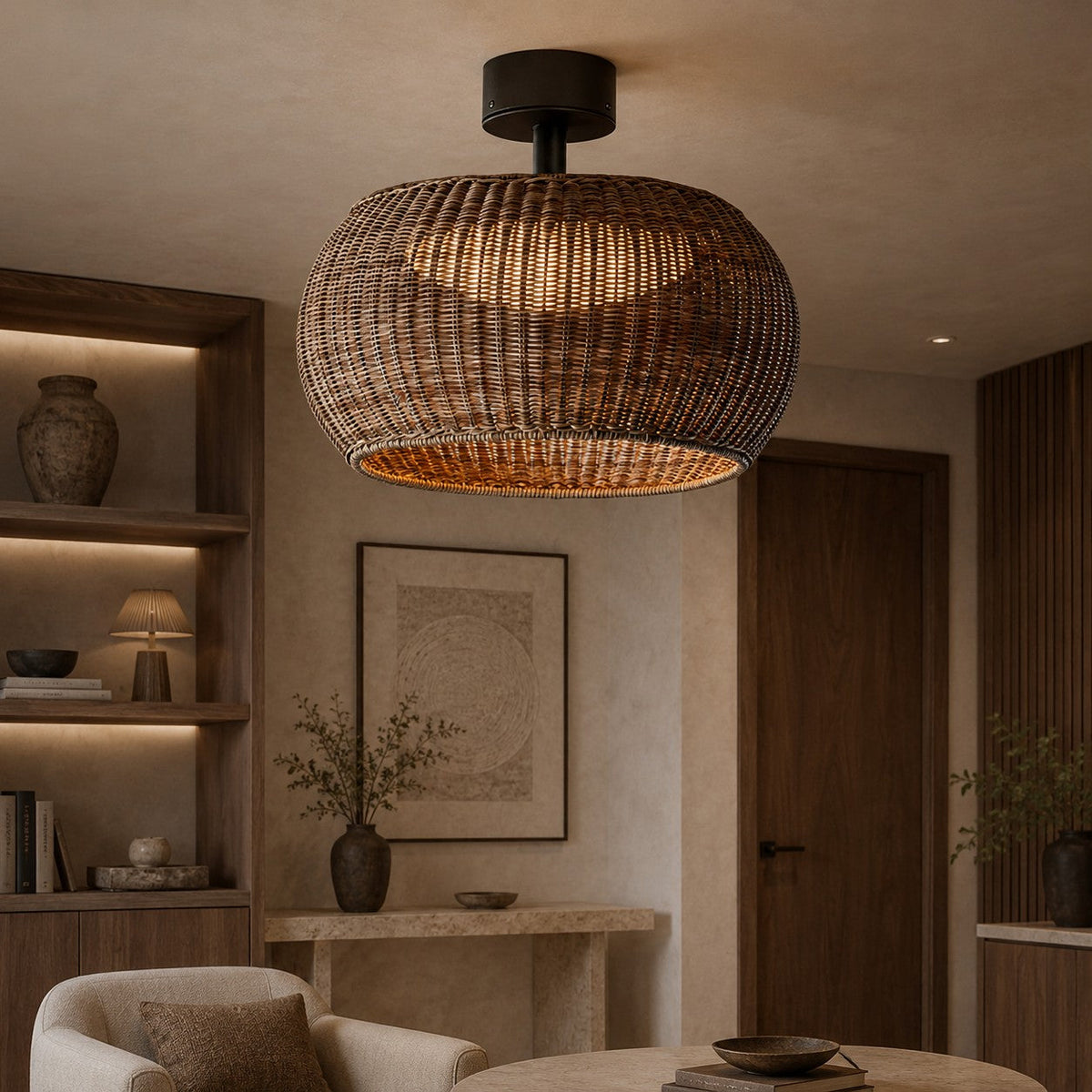 Rattan LED Flush Mount Ceiling Light IP55 Coffee or Beige E27 Semi-Outdoor