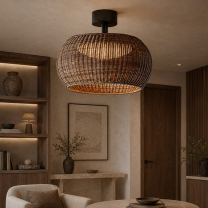 Rattan LED Flush Mount Ceiling Light IP55 Coffee or Beige E27 Semi-Outdoor