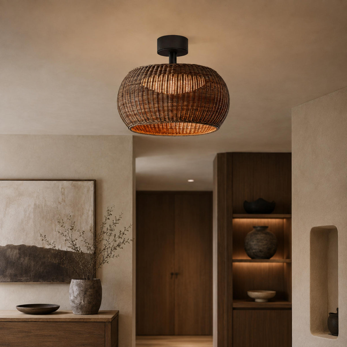 Rattan LED Flush Mount Ceiling Light IP55 Coffee or Beige E27 Semi-Outdoor