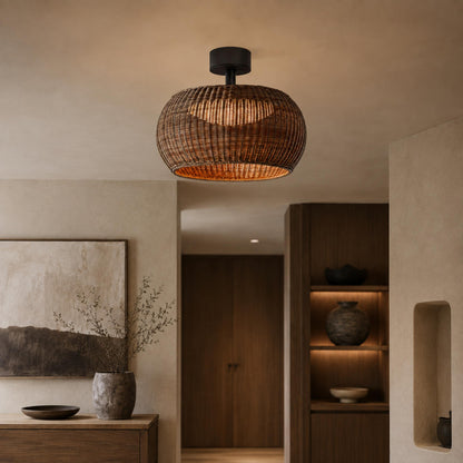 Rattan LED Flush Mount Ceiling Light IP55 Coffee or Beige E27 Semi-Outdoor