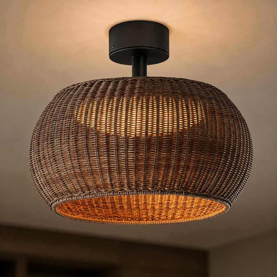 Rattan LED Flush Mount Ceiling Light IP55 Coffee or Beige E27 Semi-Outdoor