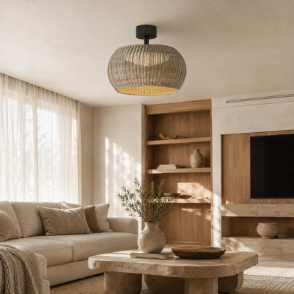 Rattan LED Flush Mount Ceiling Light IP55 Coffee or Beige E27 Semi-Outdoor