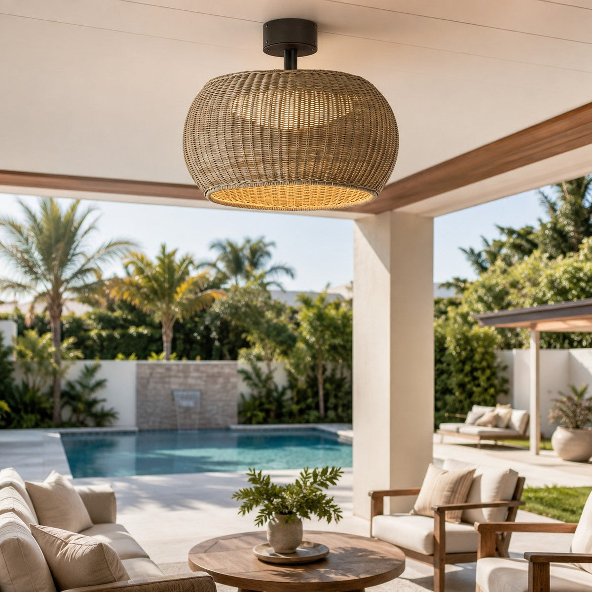 Rattan LED Flush Mount Ceiling Light IP55 Coffee or Beige E27 Semi-Outdoor