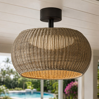 Rattan LED Flush Mount Ceiling Light IP55 Coffee or Beige E27 Semi-Outdoor