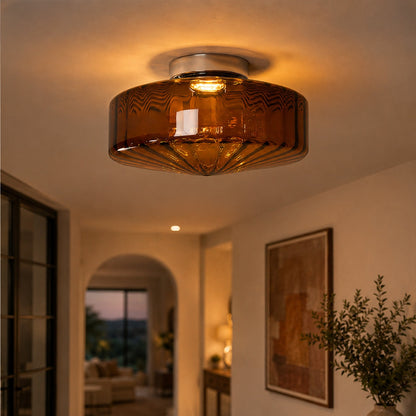 Chrome Corrugated Glass LED Flush Mount Ceiling Light Brown or Green