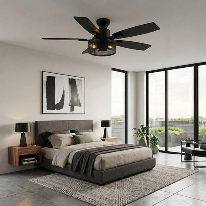 Farmhouse Black Cage Ceiling Fan with Oak Blades and 2 E27 Lights 117 cm DC