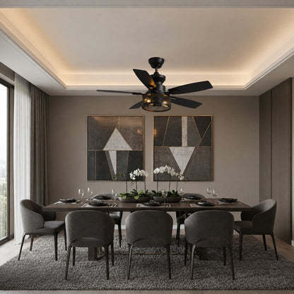Farmhouse Black Cage Ceiling Fan with Oak Blades and 2 E27 Lights 117 cm DC