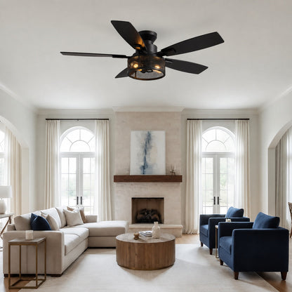 Farmhouse Black Cage Ceiling Fan with Oak Blades and 2 E27 Lights 117 cm DC