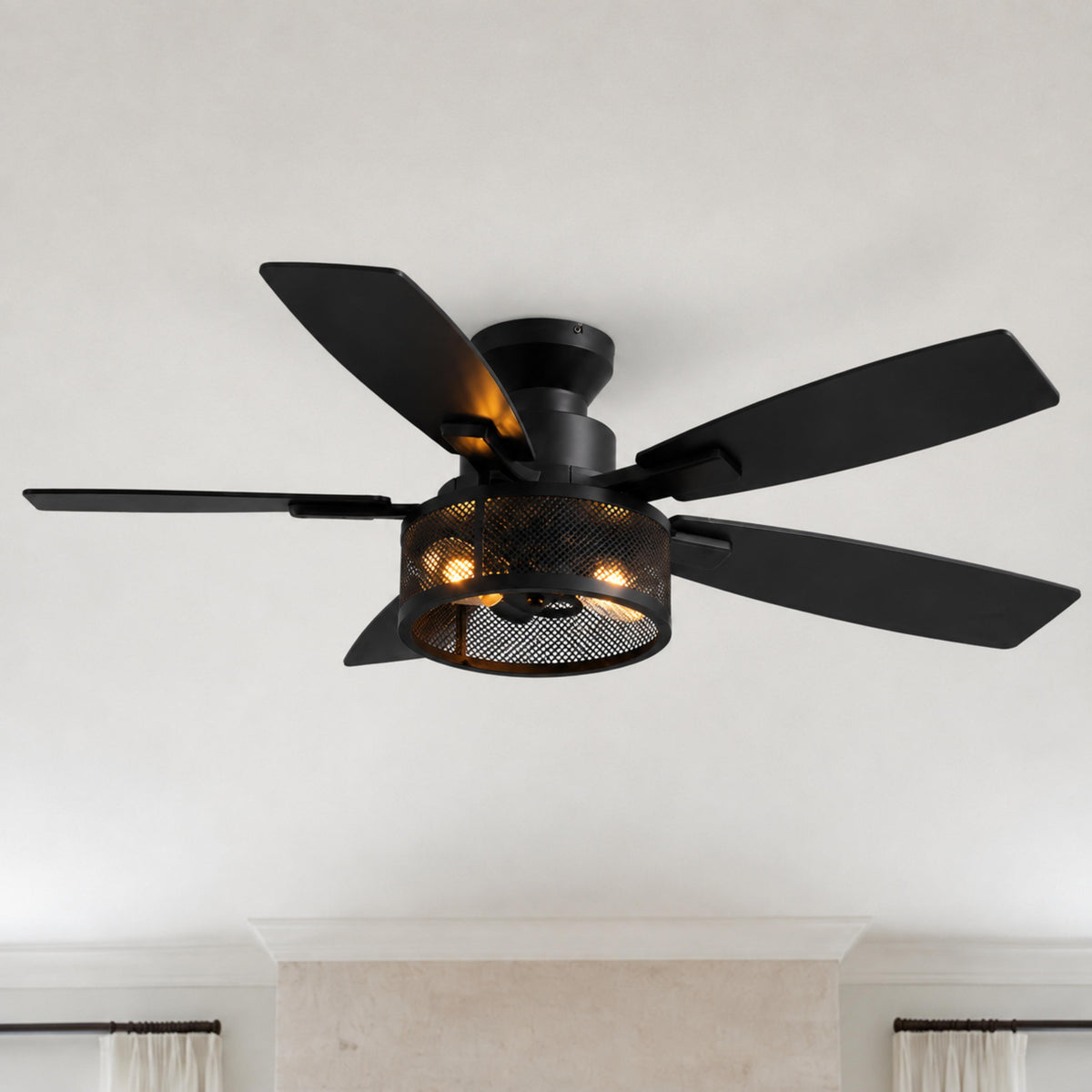 Farmhouse Black Cage Ceiling Fan with Oak Blades and 2 E27 Lights 117 cm DC