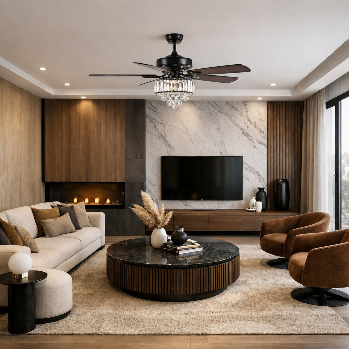 Crystal Chandelier Ceiling Fan with Lights Black or Chrome 132 cm 6 Speed