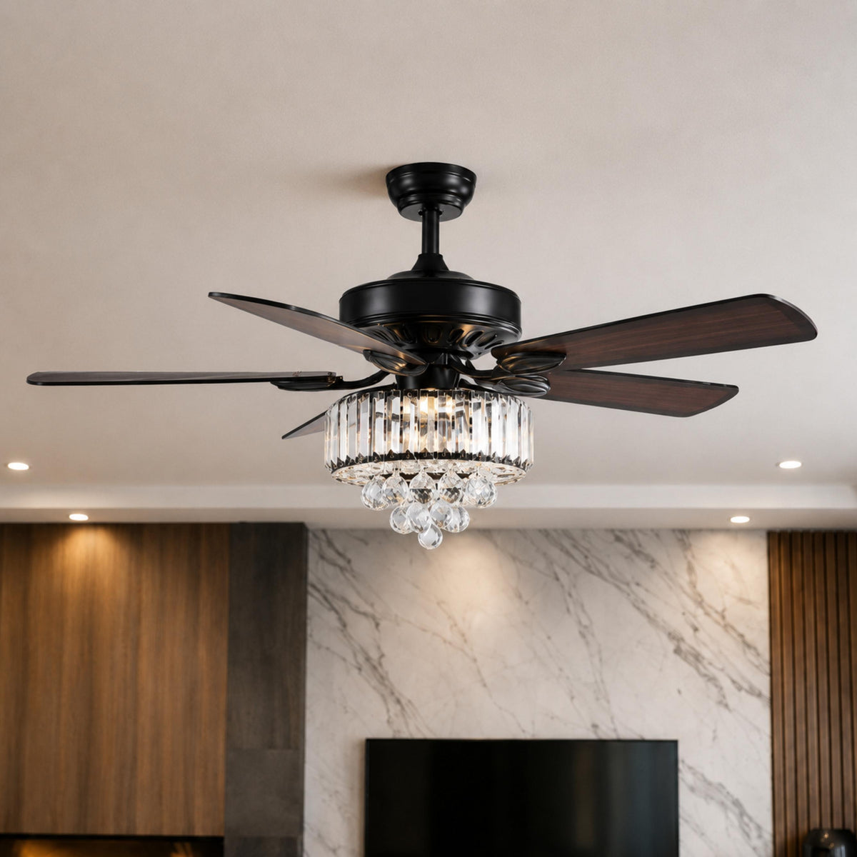 Crystal Chandelier Ceiling Fan with Lights Black or Chrome 132 cm 6 Speed