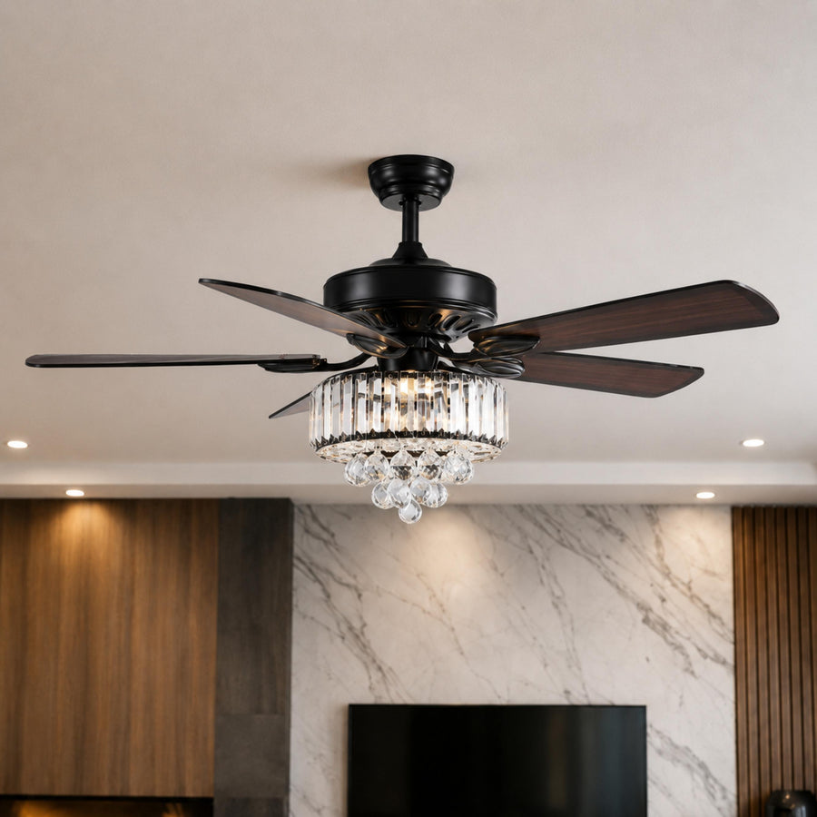 Crystal Chandelier Ceiling Fan with Lights Black or Chrome 132 cm 6 Speed