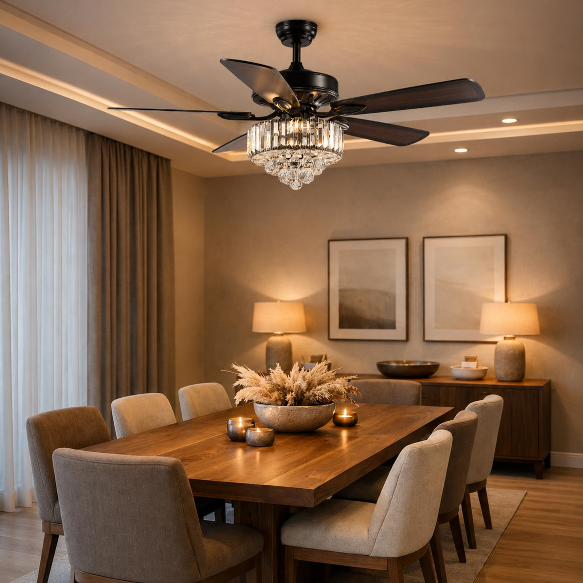 Crystal Chandelier Ceiling Fan with Lights Black or Chrome 132 cm 6 Speed