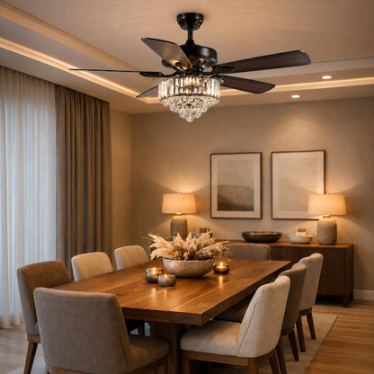 Crystal Chandelier Ceiling Fan with Lights Black or Chrome 132 cm 6 Speed