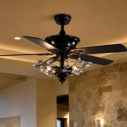 Black Crystal Chandelier Ceiling Fan with Lights 5 Blade 132 cm Reversible