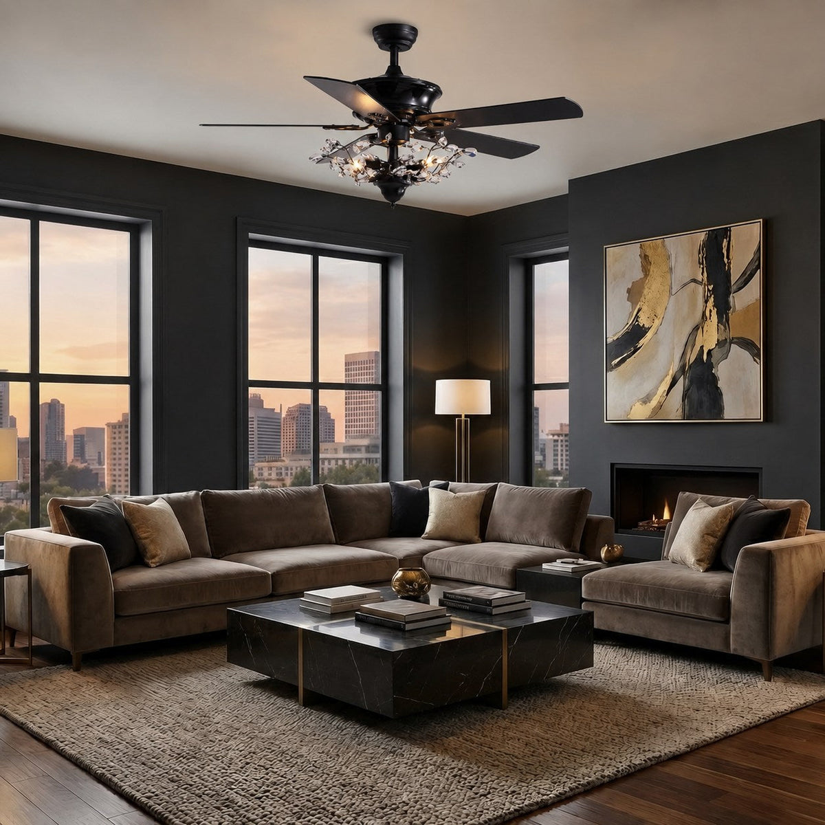 Black Crystal Chandelier Ceiling Fan with Lights 5 Blade 132 cm Reversible