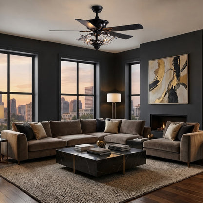 Black Crystal Chandelier Ceiling Fan with Lights 5 Blade 132 cm Reversible