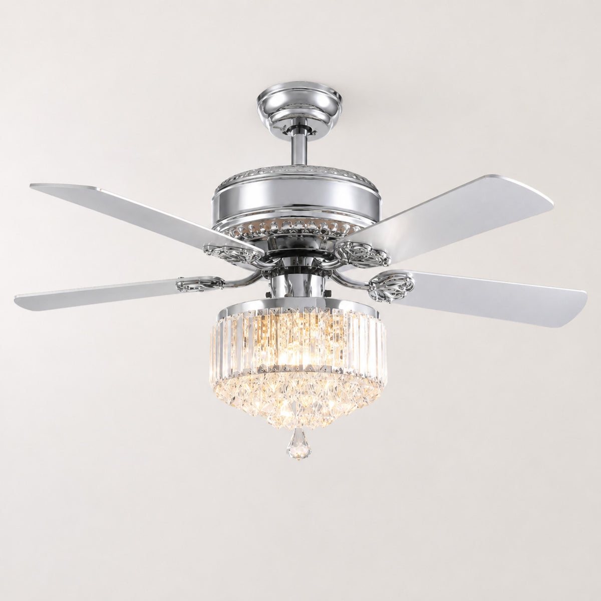 Chrome Crystal Blade Ceiling Fan Chandelier with 3 Candelabra Lights 132 cm