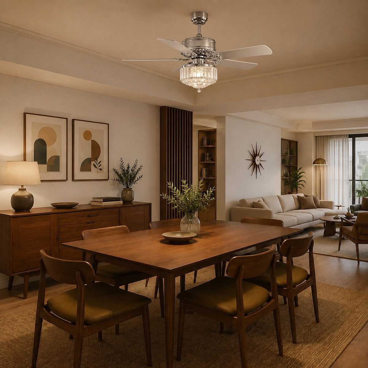 Chrome Crystal Blade Ceiling Fan Chandelier with 3 Candelabra Lights 132 cm