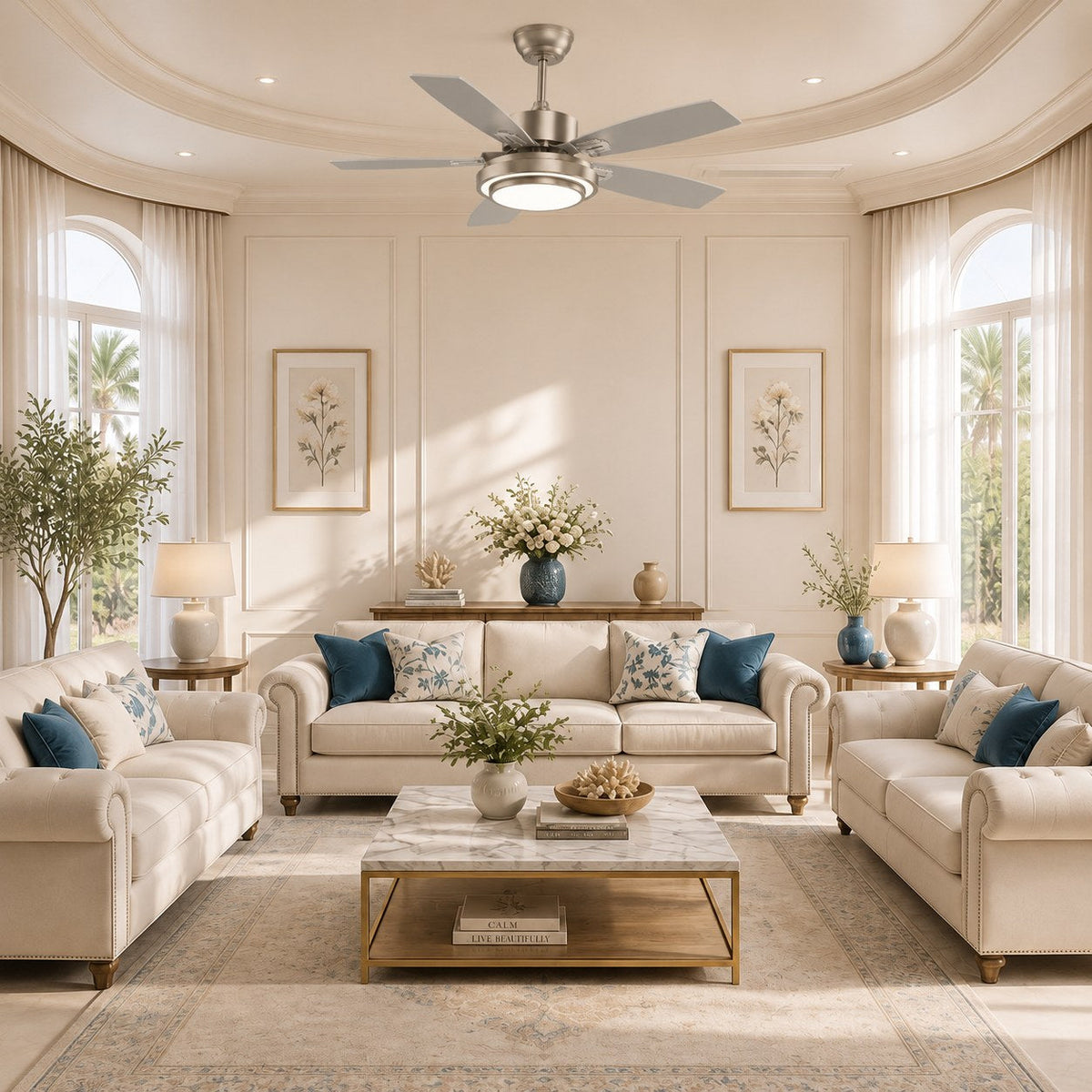 Nickel & Oak Wood Blade DC Ceiling Fan with Light Six Blades 107 or 132 cm