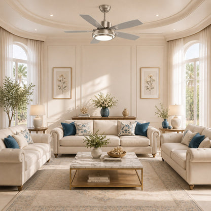 Nickel & Oak Wood Blade DC Ceiling Fan with Light Six Blades 107 or 132 cm