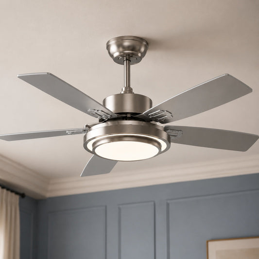 Nickel & Oak Wood Blade DC Ceiling Fan with Light Six Blades 107 or 132 cm