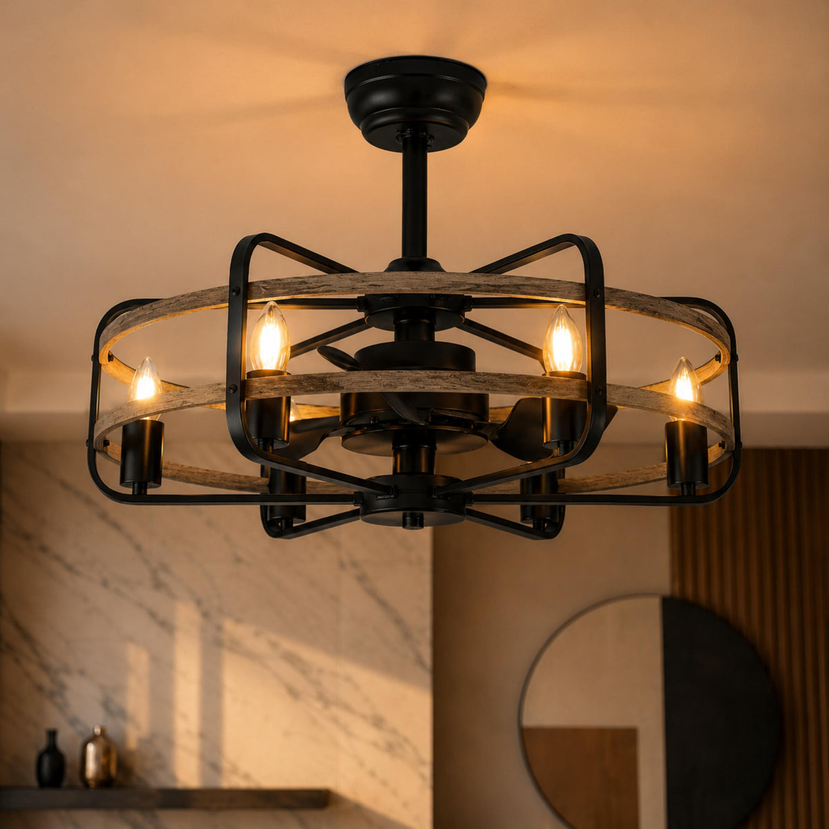 Walnut Iron Cage Ceiling Fan with 6 Lights E27 Industrial Farmhouse 63.5 cm