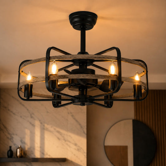 Walnut Iron Cage Ceiling Fan with 6 Lights E27 Industrial Farmhouse 63.5 cm