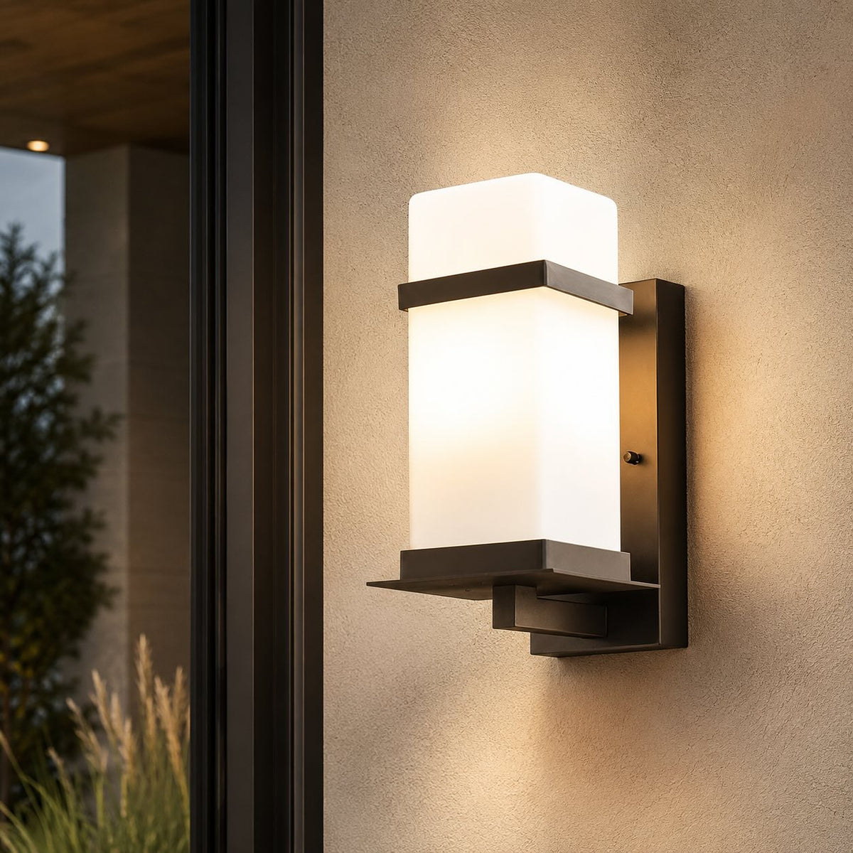 Contemporary Outdoor Wall Light Wall Mounted Metal Frame Glass Shade IP65 Waterproof LED