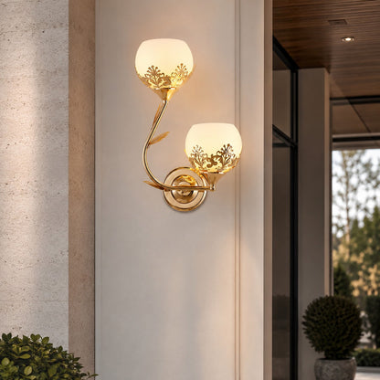 Floral Glass Wall Sconce Dual-Light Vintage Brass LED
