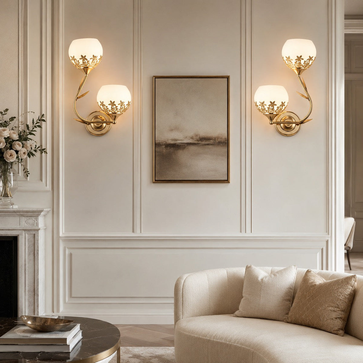 Floral Glass Wall Sconce Dual-Light Vintage Brass LED