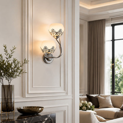 Floral Glass Wall Sconce Dual-Light Vintage Brass LED