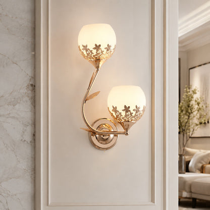 Floral Glass Wall Sconce Dual-Light Vintage Brass LED
