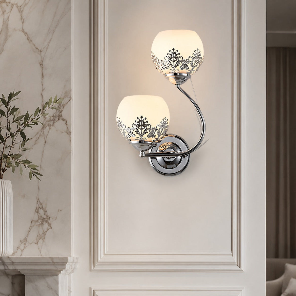 Floral Glass Wall Sconce Dual-Light Vintage Brass LED
