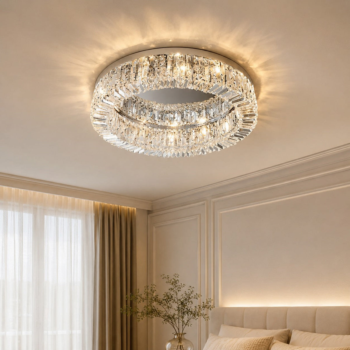 Modern Crystal Flush Mount Ceiling Light Stainless Steel LED Fixture Adjustable Size
