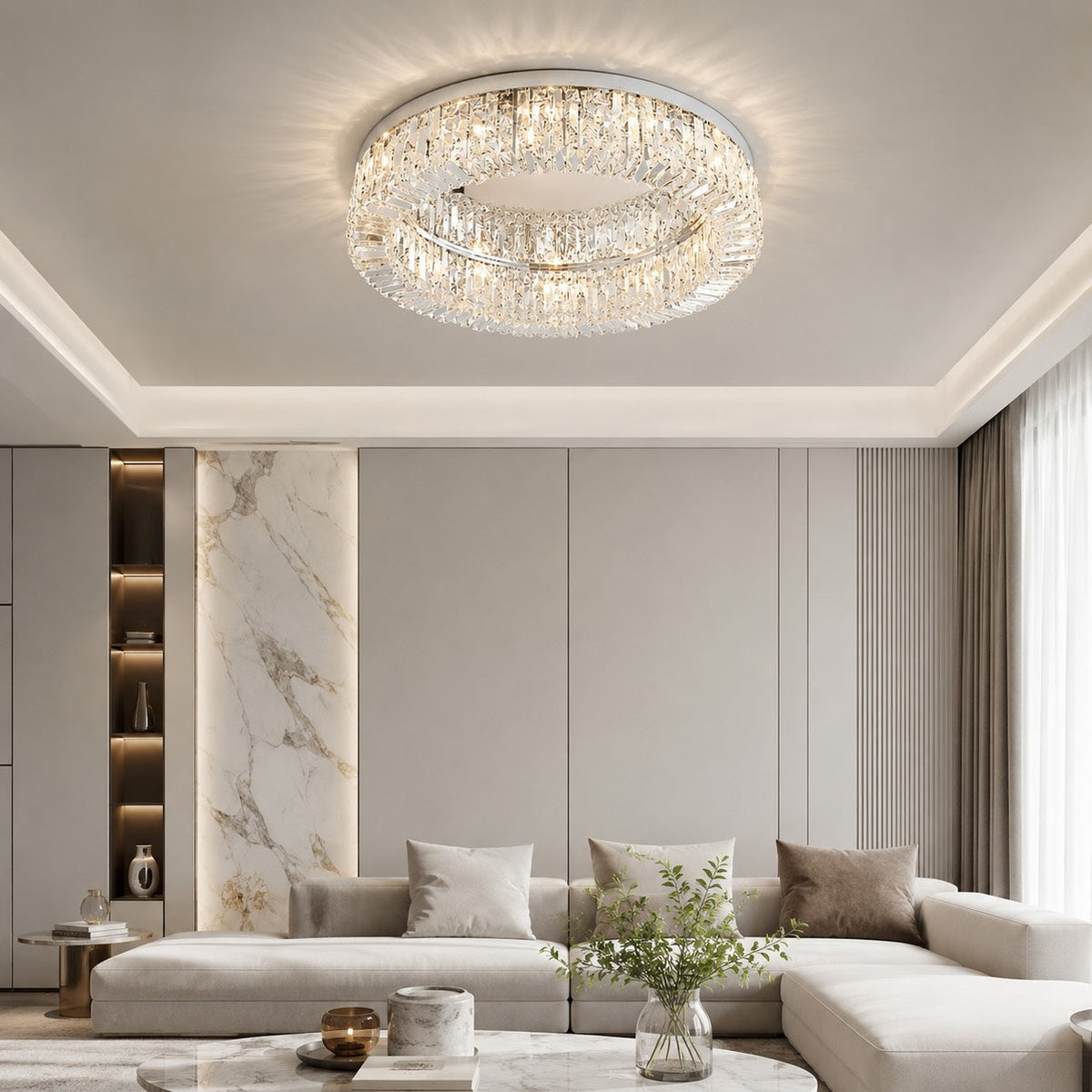 Modern Crystal Flush Mount Ceiling Light Stainless Steel LED Fixture Adjustable Size