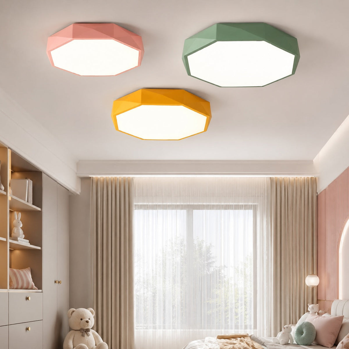 Octagonal Metal LED Flush Mount Ceiling Light Dimmable Remote 4 Colours